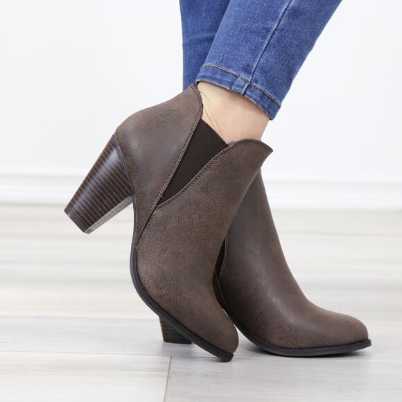 Brown High Heel Slip-On Booties Faux Leather Slip-On Stacked Heel - Picture 9 of 14